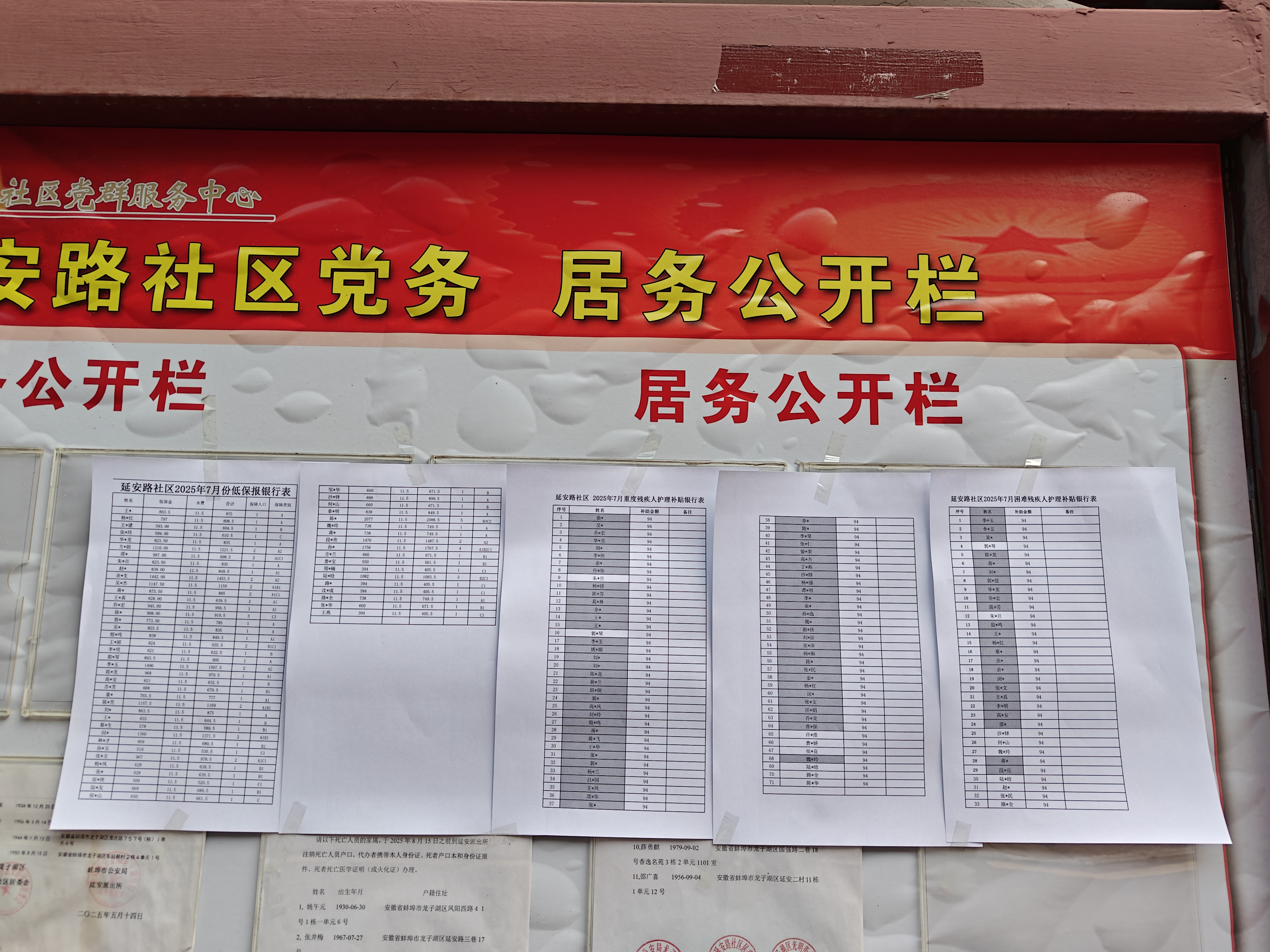 2025年7月治淮街道惠民惠农资金线下公开栏展示